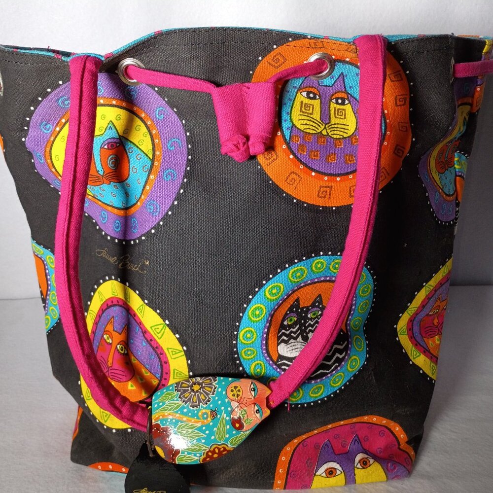 2000 Vintage Laurel Burch Large Bucket Cats Canvas Shoulder Tote Bag